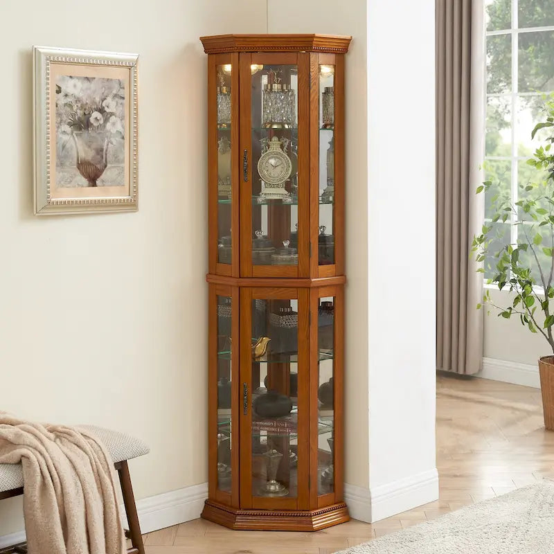 Vitrine d'angle éclairée avec fond miroir et étagères en verre trempé