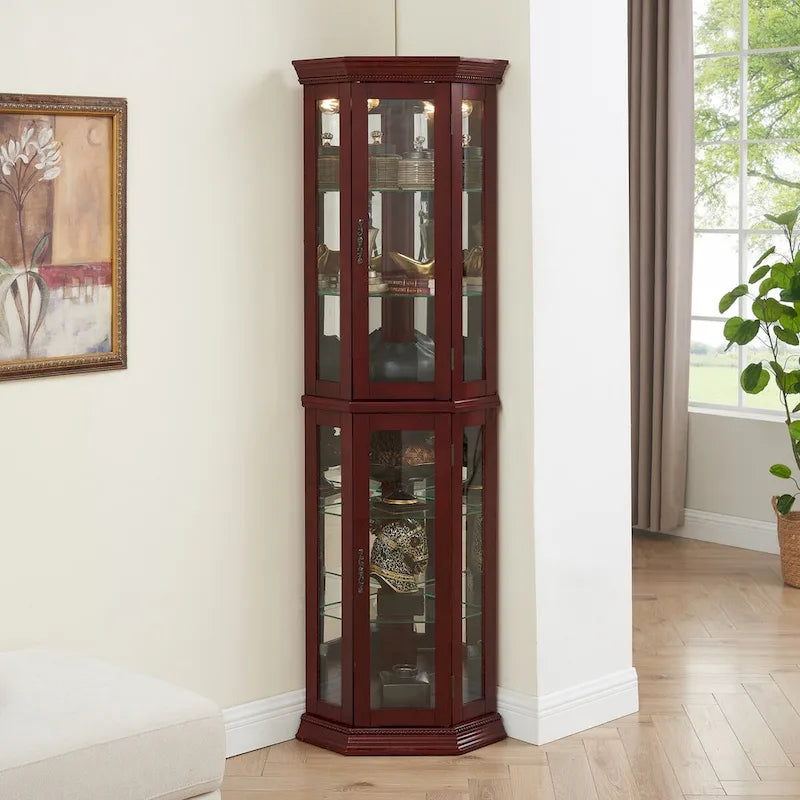 Vitrine d'angle éclairée avec fond miroir et étagères en verre trempé