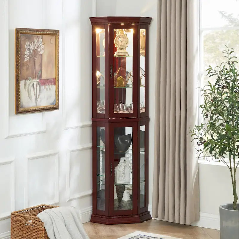 Vitrine d'angle éclairée avec fond miroir et étagères en verre trempé