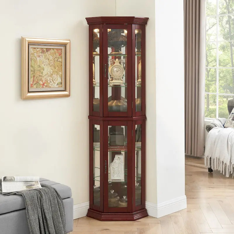Vitrine d'angle éclairée avec fond miroir et étagères en verre trempé
