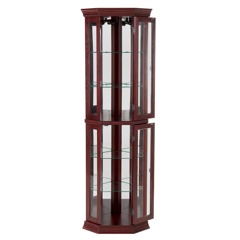 Vitrine d'angle éclairée avec fond miroir et étagères en verre trempé