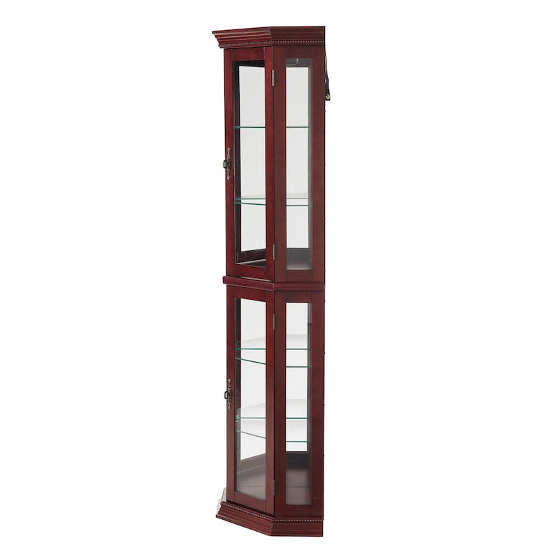 Vitrine d'angle éclairée avec fond miroir et étagères en verre trempé