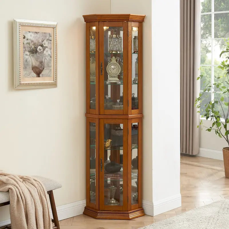 Vitrine d'angle éclairée avec fond miroir et étagères en verre trempé