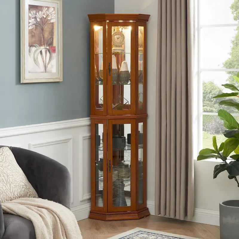Vitrine d'angle éclairée avec fond miroir et étagères en verre trempé