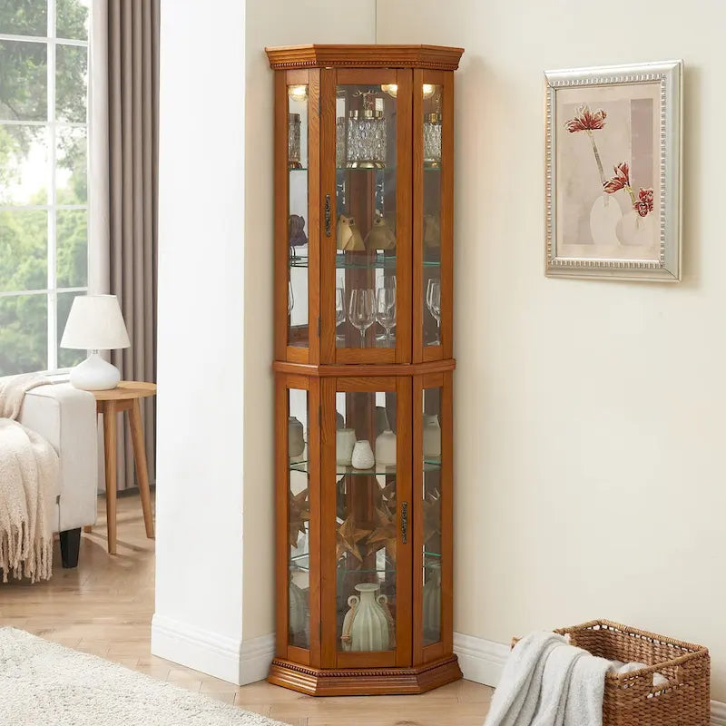 Vitrine d'angle éclairée avec fond miroir et étagères en verre trempé
