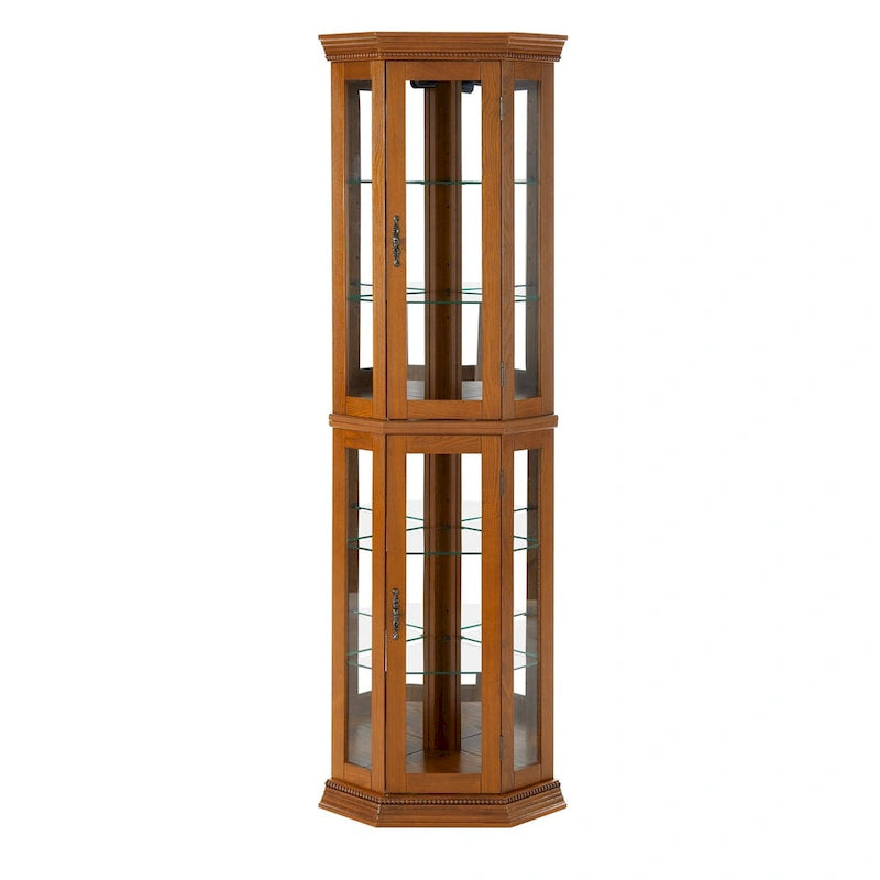 Vitrine d'angle éclairée avec fond miroir et étagères en verre trempé