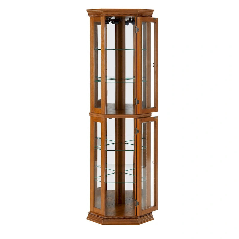 Vitrine d'angle éclairée avec fond miroir et étagères en verre trempé