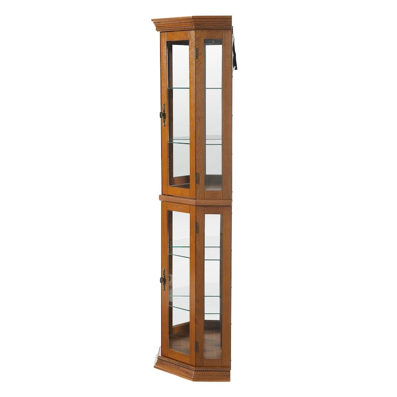 Vitrine d'angle éclairée avec fond miroir et étagères en verre trempé