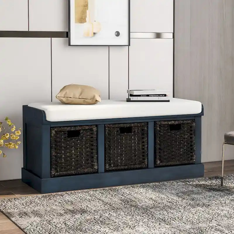 Banc de rangement rustique avec coussin amovible en lin et 3 paniers en rotin tressés à la main