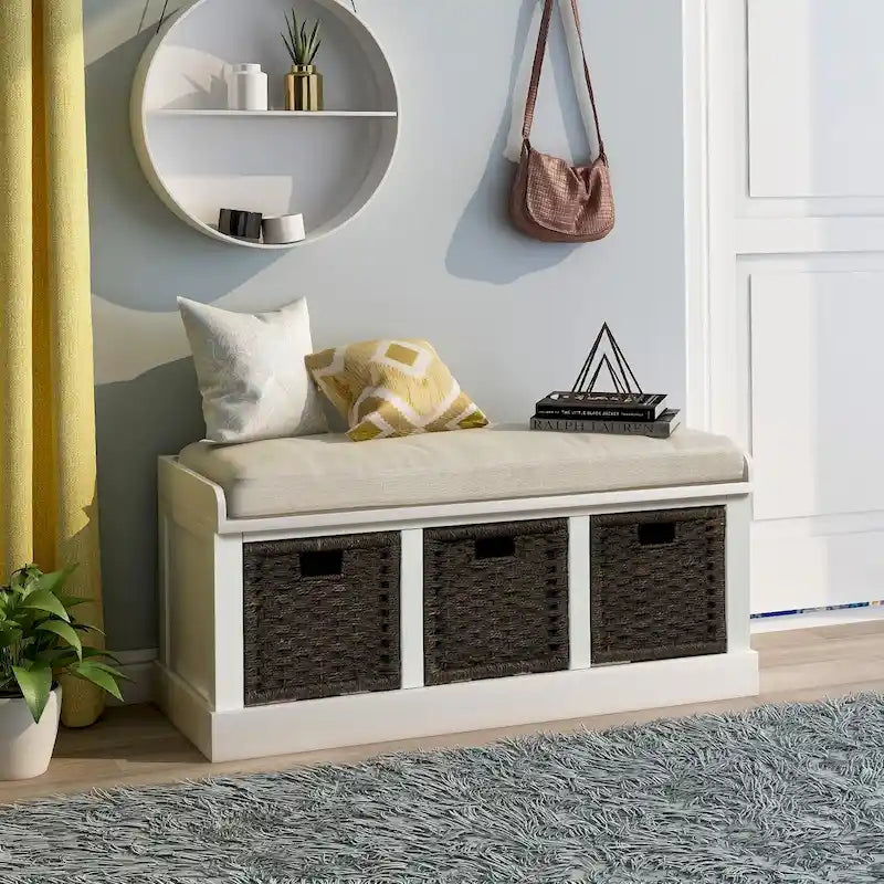 Banc de rangement rustique avec coussin amovible en lin et 3 paniers en rotin tressés à la main