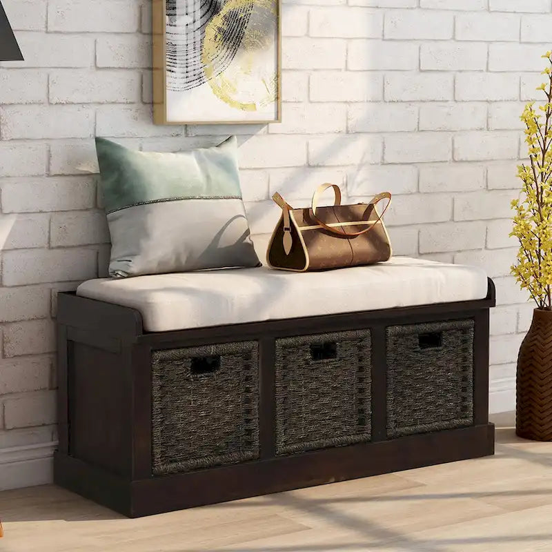 Banc de rangement rustique avec coussin amovible en lin et 3 paniers en rotin tressés à la main