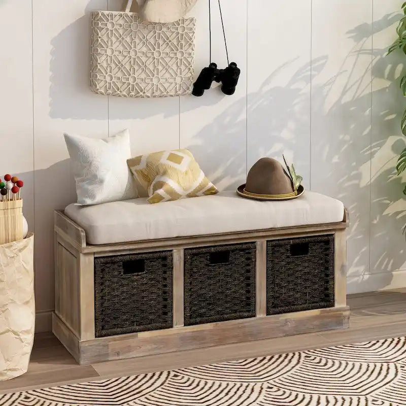 Banc de rangement rustique avec coussin amovible en lin et 3 paniers en rotin tressés à la main