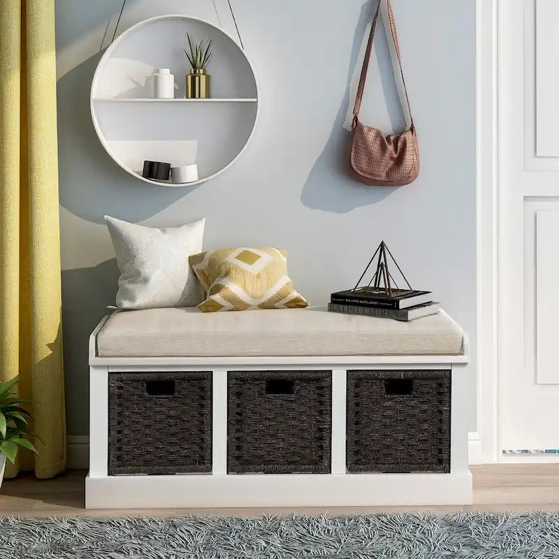 Banc de rangement rustique avec coussin amovible en lin et 3 paniers en rotin tressés à la main