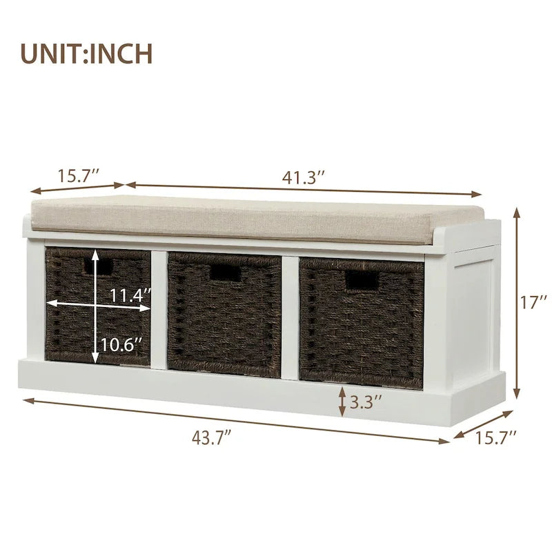 Banc de rangement rustique avec coussin amovible en lin et 3 paniers en rotin tressés à la main
