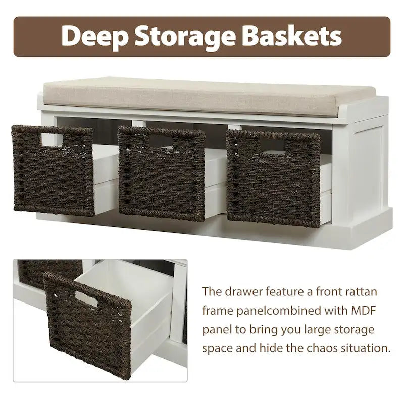 Banc de rangement rustique avec coussin amovible en lin et 3 paniers en rotin tressés à la main
