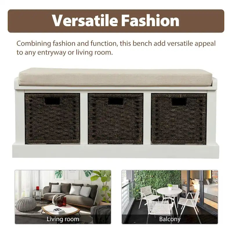 Banc de rangement rustique avec coussin amovible en lin et 3 paniers en rotin tressés à la main