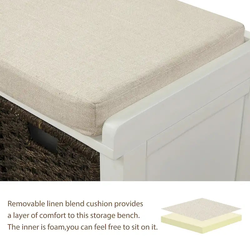 Banc de rangement rustique avec coussin amovible en lin et 3 paniers en rotin tressés à la main