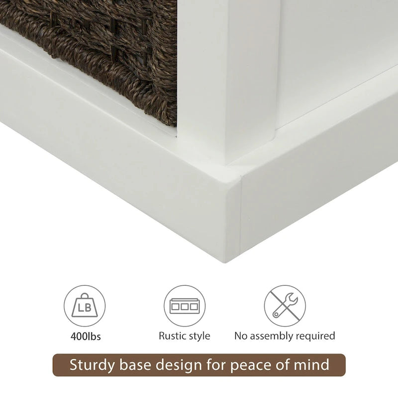 Banc de rangement rustique avec coussin amovible en lin et 3 paniers en rotin tressés à la main