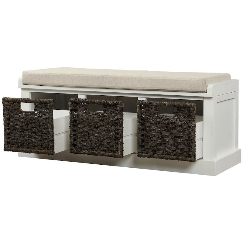 Banc de rangement rustique avec coussin amovible en lin et 3 paniers en rotin tressés à la main