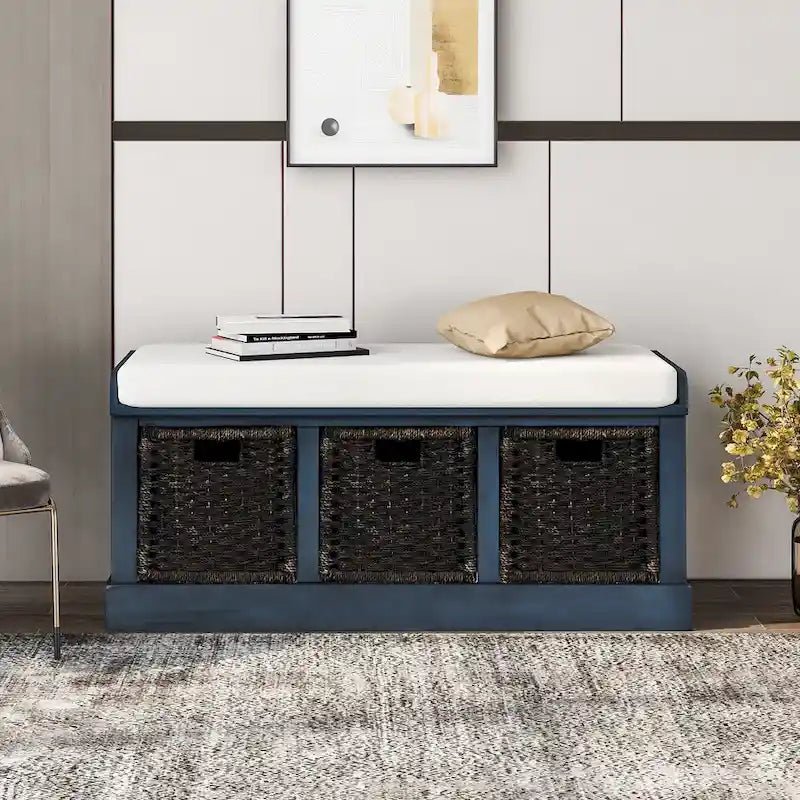 Banc de rangement rustique avec coussin amovible en lin et 3 paniers en rotin tressés à la main