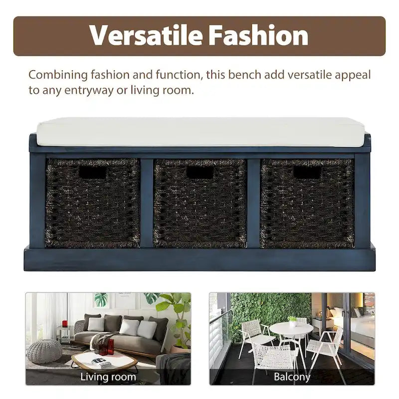 Banc de rangement rustique avec coussin amovible en lin et 3 paniers en rotin tressés à la main