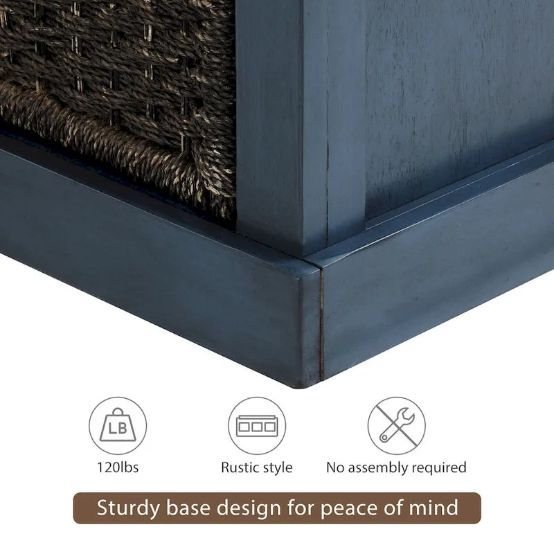 Banc de rangement rustique avec coussin amovible en lin et 3 paniers en rotin tressés à la main