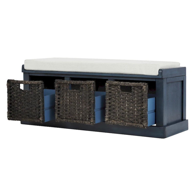 Banc de rangement rustique avec coussin amovible en lin et 3 paniers en rotin tressés à la main