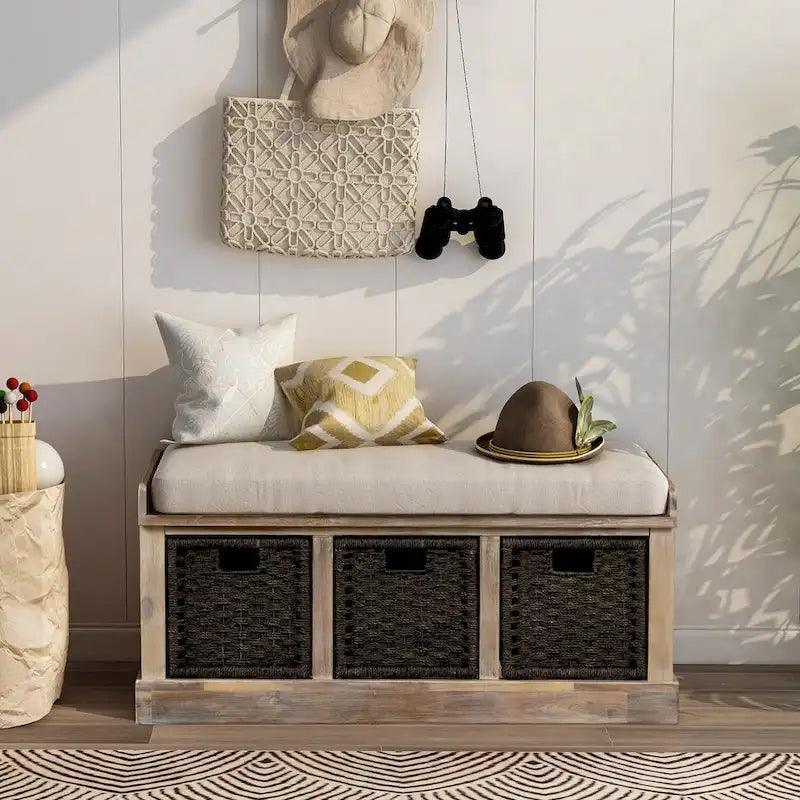 Banc de rangement rustique avec coussin amovible en lin et 3 paniers en rotin tressés à la main