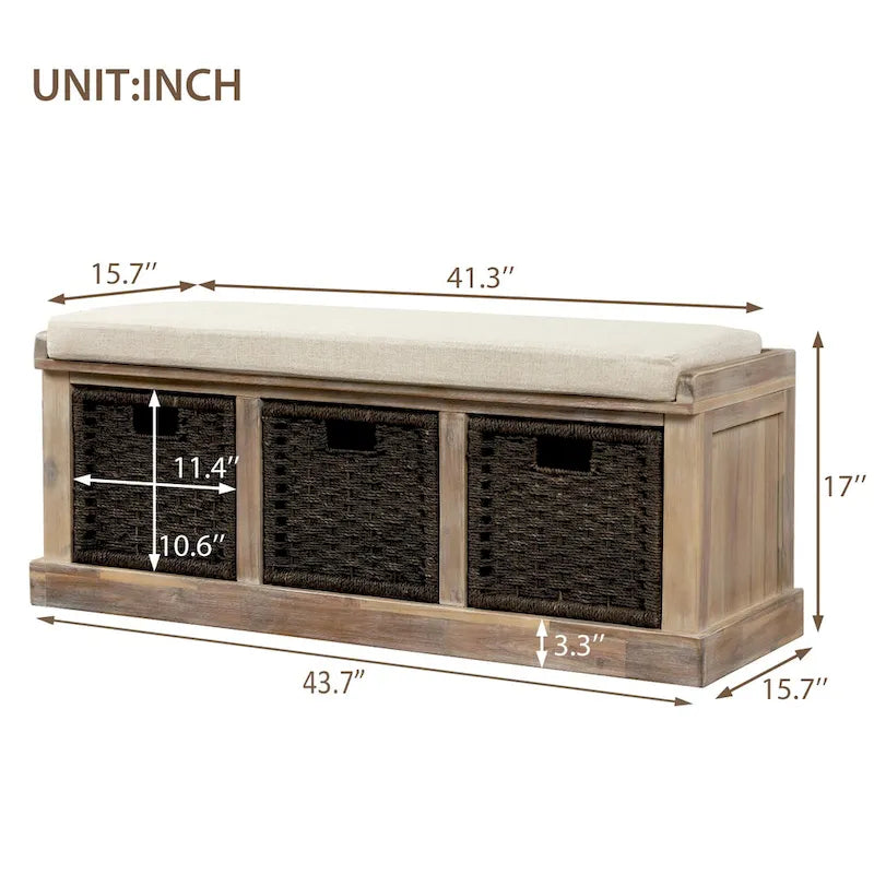 Banc de rangement rustique avec coussin amovible en lin et 3 paniers en rotin tressés à la main