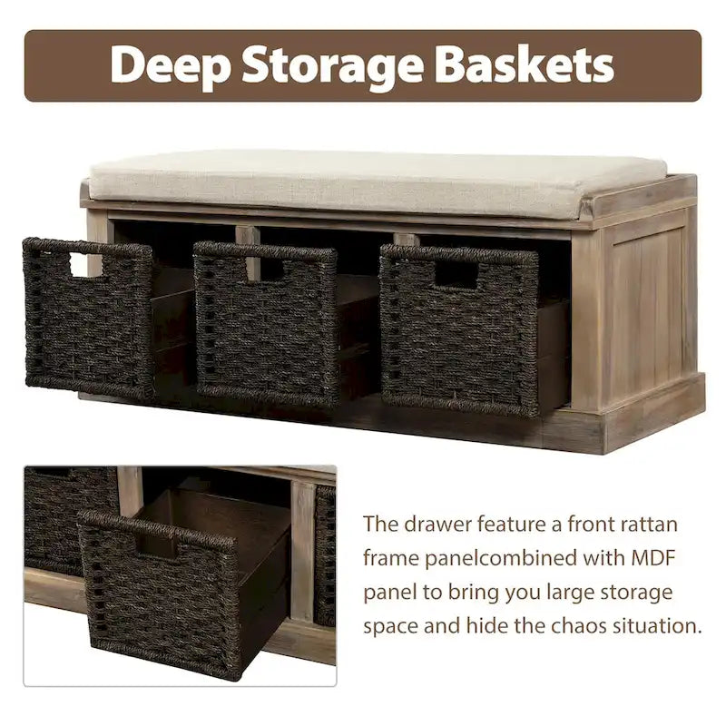 Banc de rangement rustique avec coussin amovible en lin et 3 paniers en rotin tressés à la main