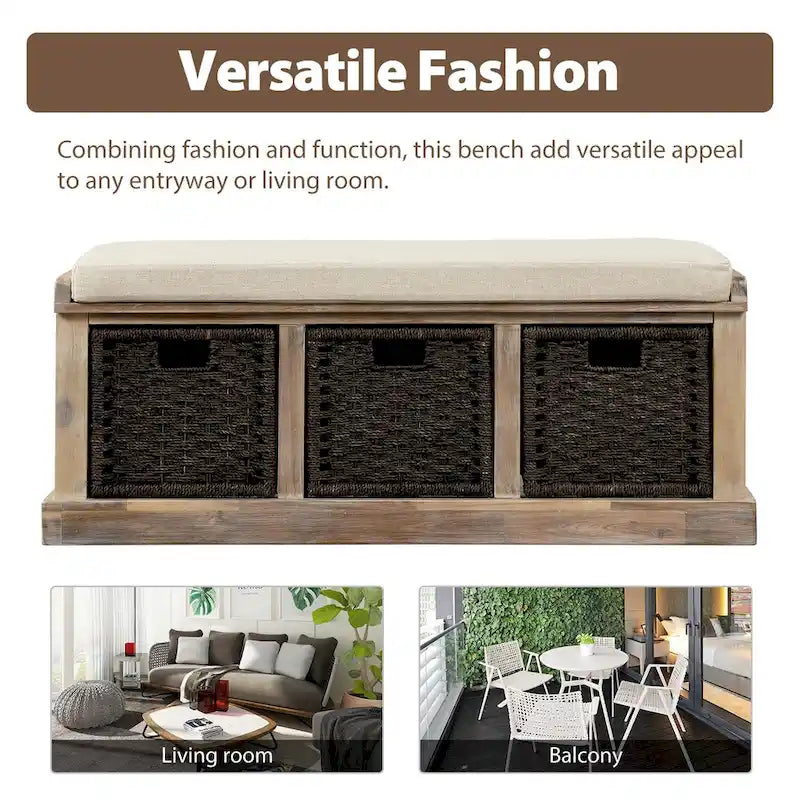 Banc de rangement rustique avec coussin amovible en lin et 3 paniers en rotin tressés à la main