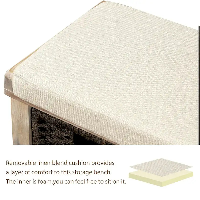 Banc de rangement rustique avec coussin amovible en lin et 3 paniers en rotin tressés à la main