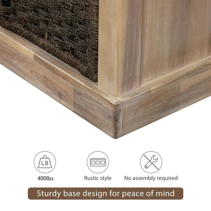 Banc de rangement rustique avec coussin amovible en lin et 3 paniers en rotin tressés à la main
