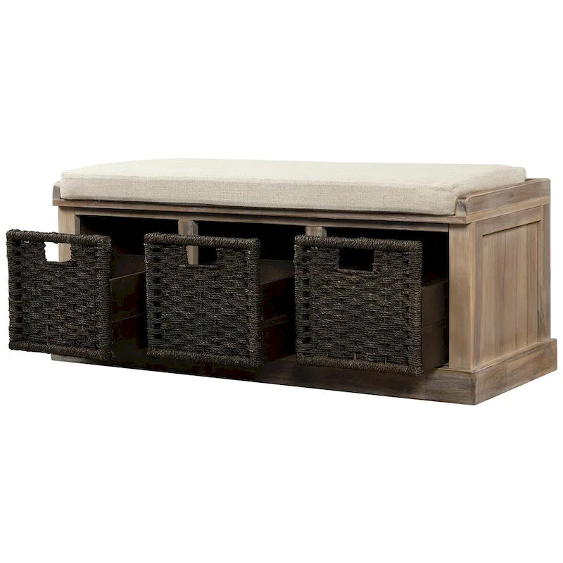 Banc de rangement rustique avec coussin amovible en lin et 3 paniers en rotin tressés à la main