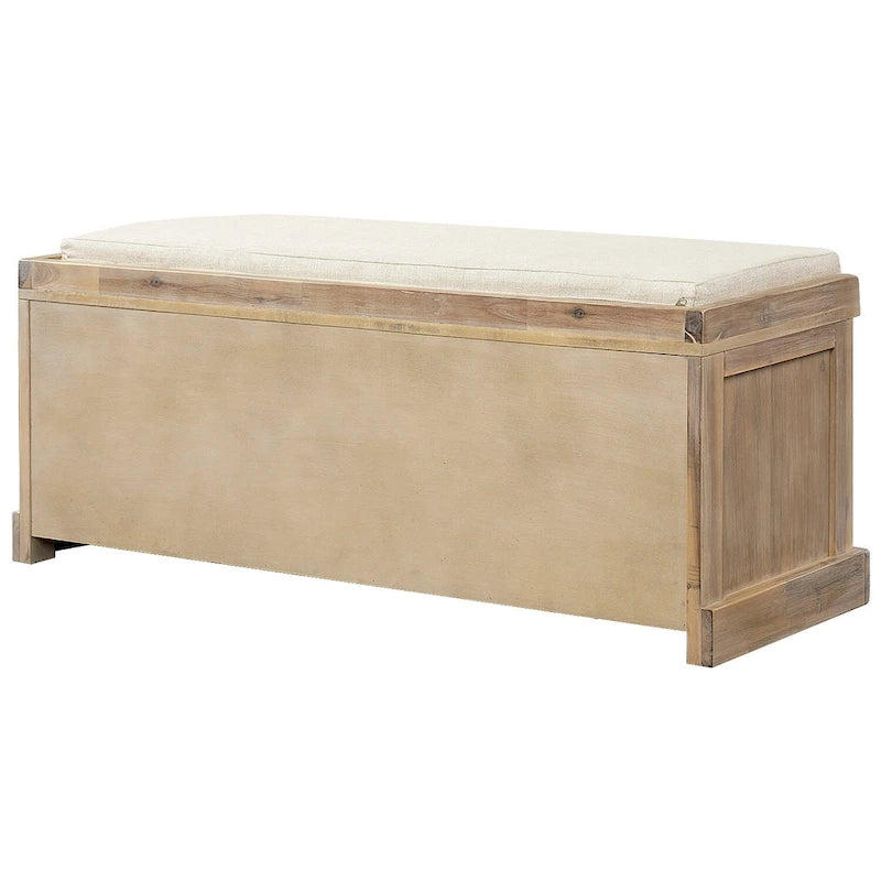 Banc de rangement rustique avec coussin amovible en lin et 3 paniers en rotin tressés à la main