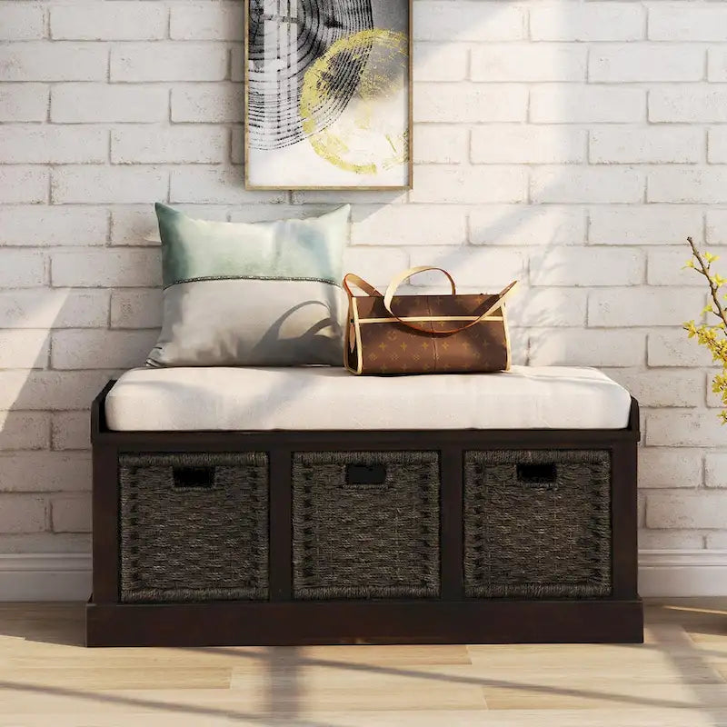 Banc de rangement rustique avec coussin amovible en lin et 3 paniers en rotin tressés à la main