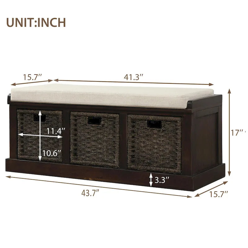Banc de rangement rustique avec coussin amovible en lin et 3 paniers en rotin tressés à la main
