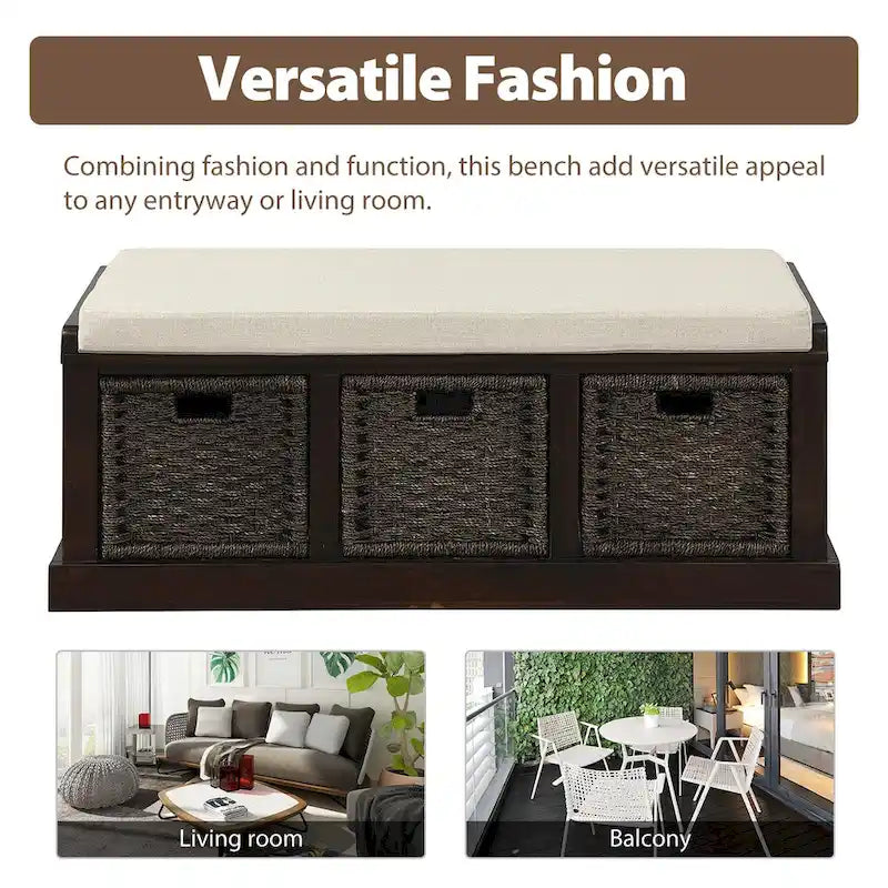Banc de rangement rustique avec coussin amovible en lin et 3 paniers en rotin tressés à la main