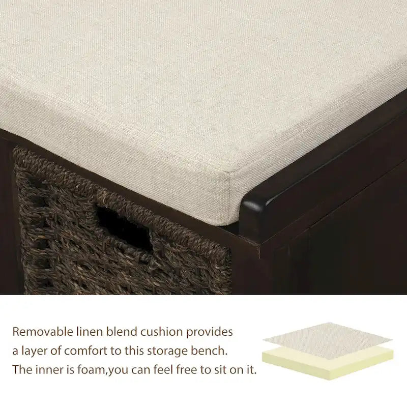 Banc de rangement rustique avec coussin amovible en lin et 3 paniers en rotin tressés à la main