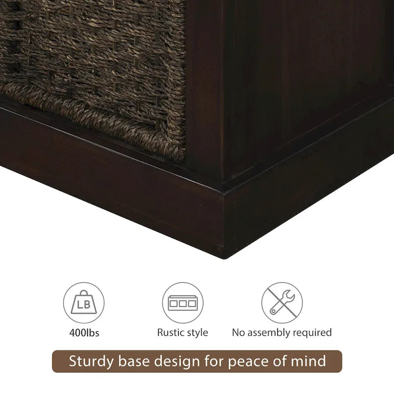 Banc de rangement rustique avec coussin amovible en lin et 3 paniers en rotin tressés à la main