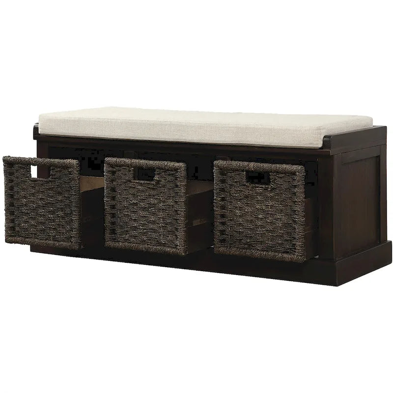 Banc de rangement rustique avec coussin amovible en lin et 3 paniers en rotin tressés à la main