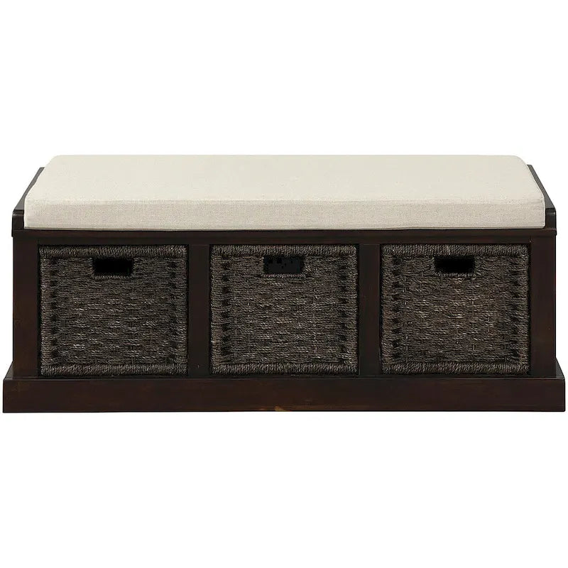Banc de rangement rustique avec coussin amovible en lin et 3 paniers en rotin tressés à la main