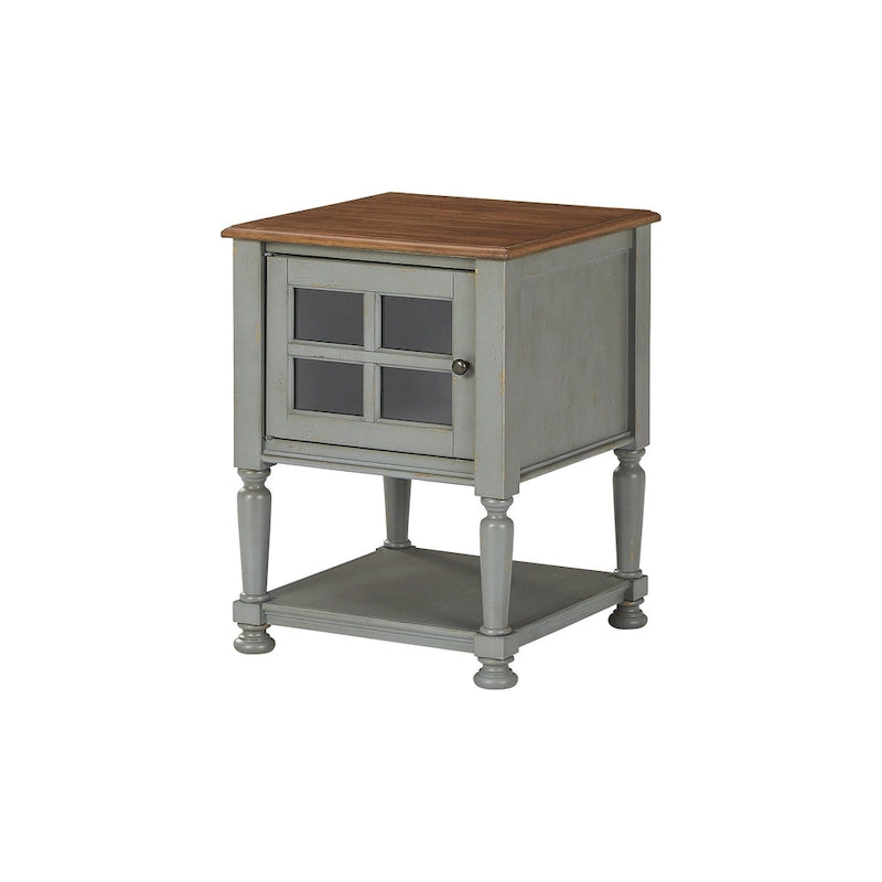 Meuble d'appoint vintage avec porte vitrée à croisillons, étagère ouverte et pieds tournés