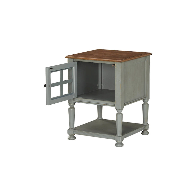 Meuble d'appoint vintage avec porte vitrée à croisillons, étagère ouverte et pieds tournés