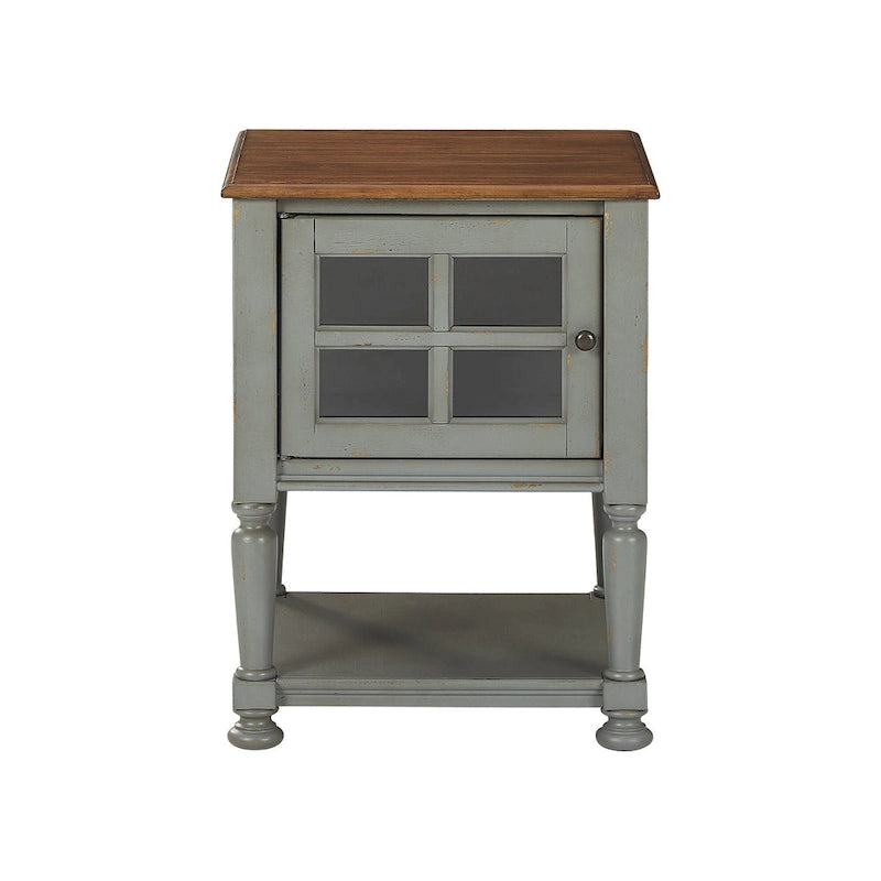 Meuble d'appoint vintage avec porte vitrée à croisillons, étagère ouverte et pieds tournés