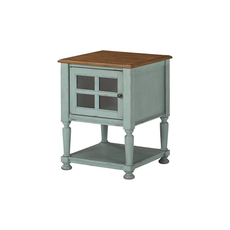Meuble d'appoint vintage avec porte vitrée à croisillons, étagère ouverte et pieds tournés