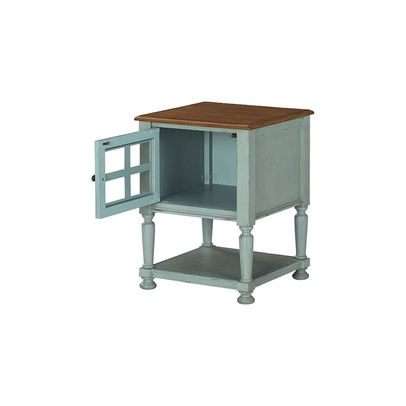 Meuble d'appoint vintage avec porte vitrée à croisillons, étagère ouverte et pieds tournés