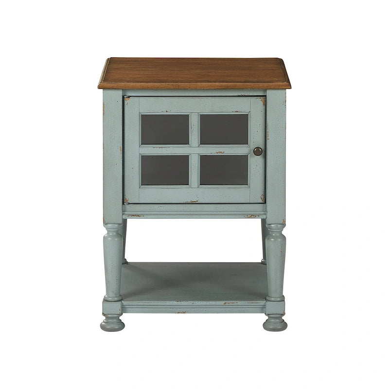 Meuble d'appoint vintage avec porte vitrée à croisillons, étagère ouverte et pieds tournés