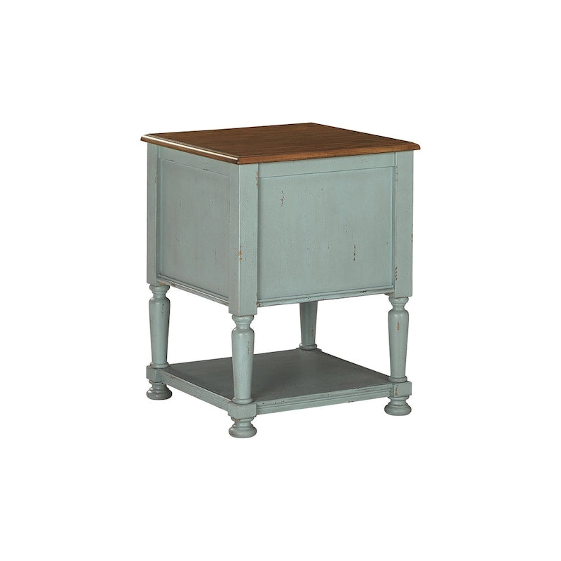 Meuble d'appoint vintage avec porte vitrée à croisillons, étagère ouverte et pieds tournés