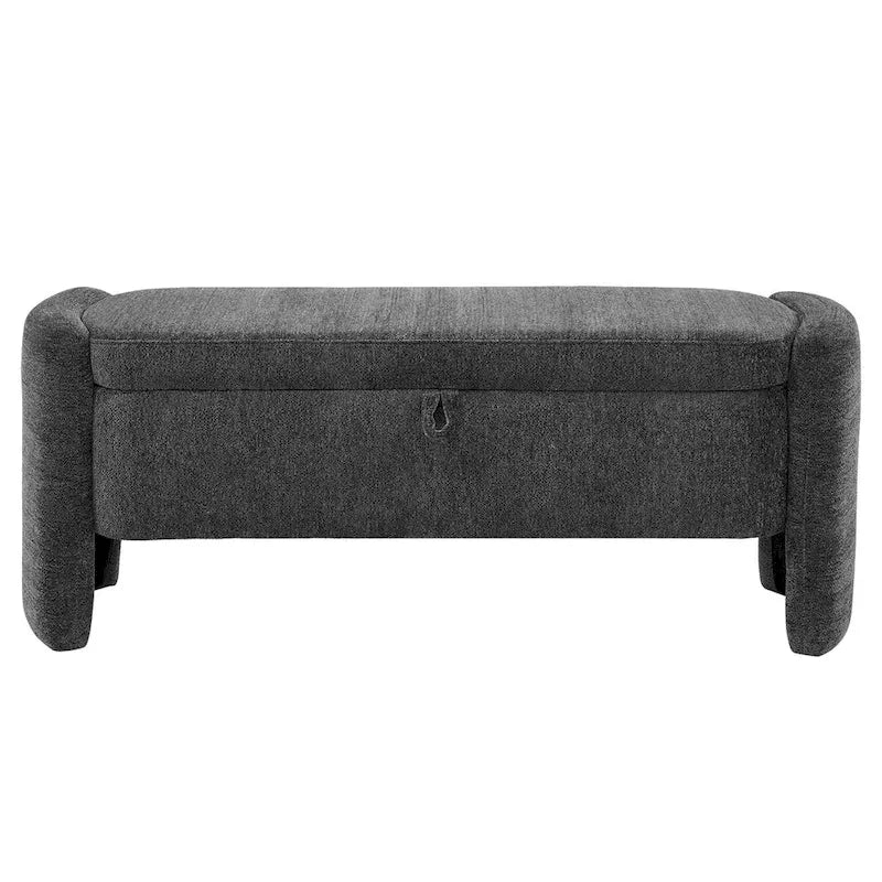 Banc de rangement capitonné avec couvercle à charnière et accoudoirs arrondis